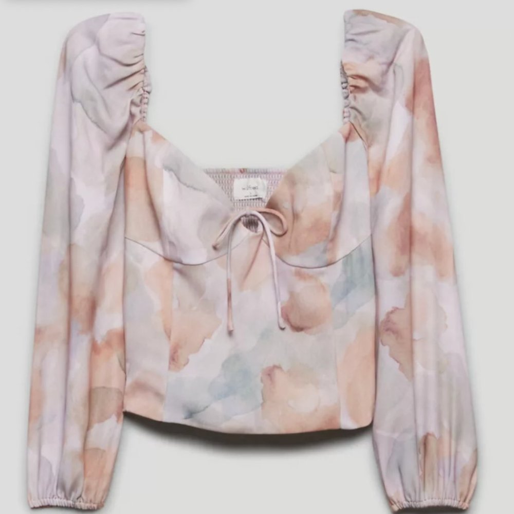 Aritzia Wilfred Novella Black Puff Sleeve Smocked Blouse Size Medium Watercolor